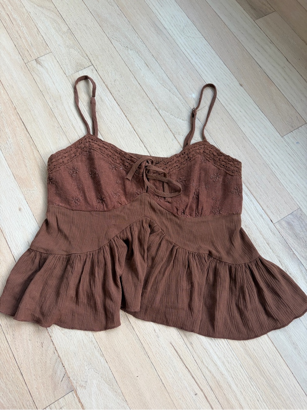 stradivarius Brown Lace-Trim Peplum Tank